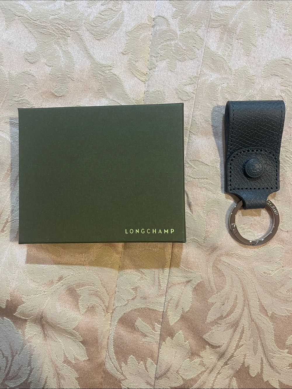 Longchamp Olive Green Leather Key Holder with Metal Ring